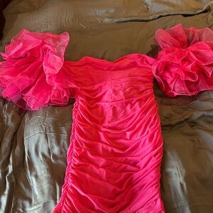 Hot Pink Off-Shoulder Ruffled Bodycon Dress